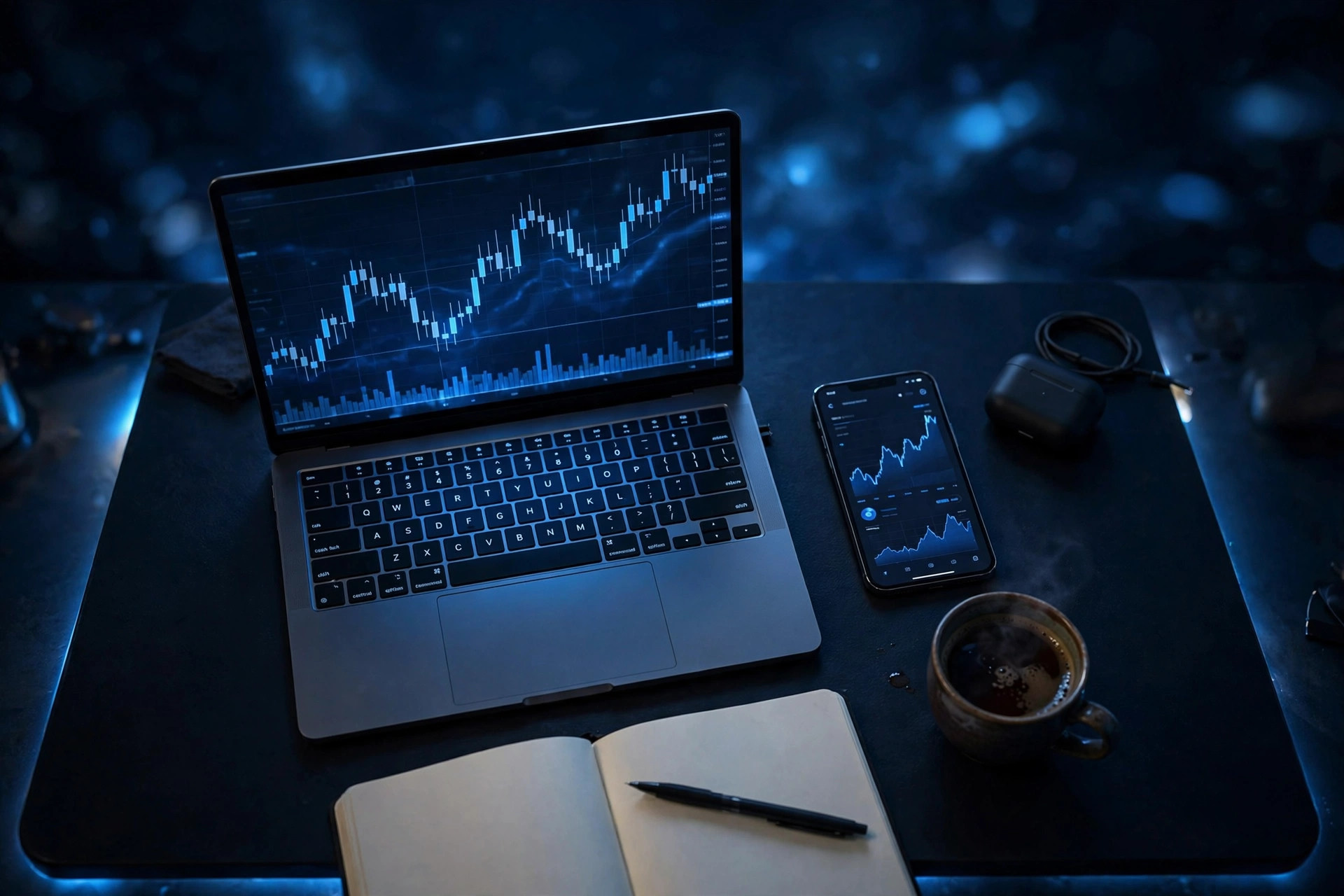 Trading setup with laptop and phone showing charts at night